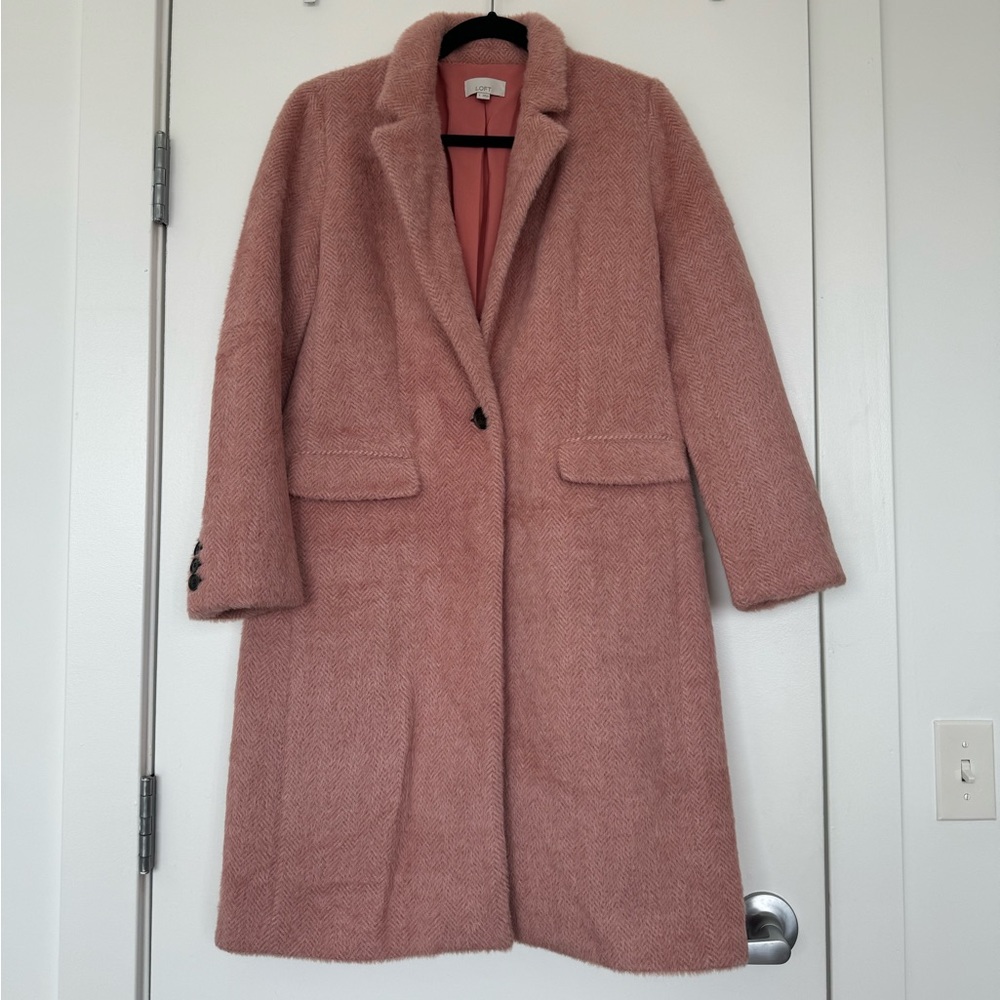 LOFT Women’s Pink Herringbone Fuzzy Pea Coat S